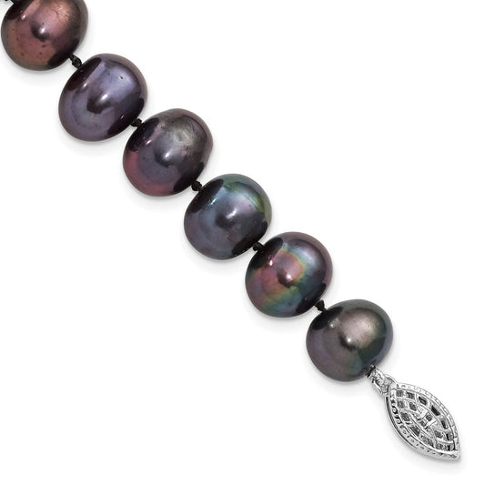 Sterling Silver Rhodium-plated 9-10mm Black Near-Round Freshwater Cultured Pearl 7.25 inch Bracelet QH5157-7.25