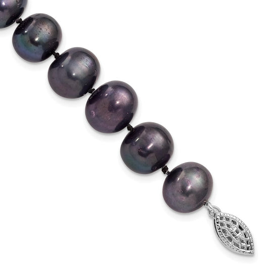 Sterling Silver Rhodium-plated 10-11mm Black Near-Round Freshwater Cultured Pearl 7.25 inch Bracelet QH5158-7.25