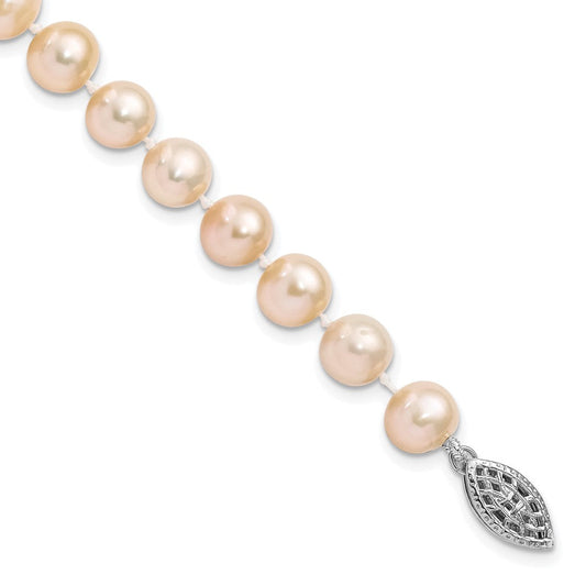 Sterling Silver Rhodium-plated 7-8mm Pink Near-Round Freshwater Cultured Pearl 7.25 inch Bracelet QH5167-7.25