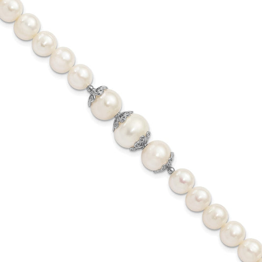 Sterling Silver Rhodium-plated 7-10mm White Near-Round Freshwater Cultured Pearl Fancy 7 inch Bracelet QH5219-7