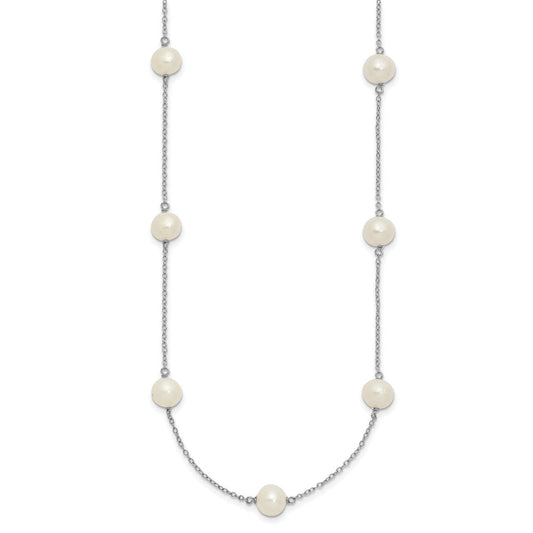 Sterling Silver Rhodium-plated 7-8mm White Near-Round Freshwater Cultured Pearl 9-Stations18 inch NecklaceQH5236