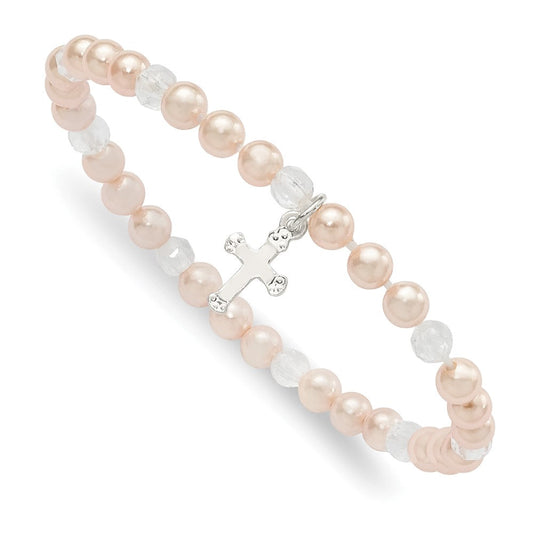 Sterling Silver Pink Shell Bead & Crystal Cross Children's Stretch Bracelet QH5324