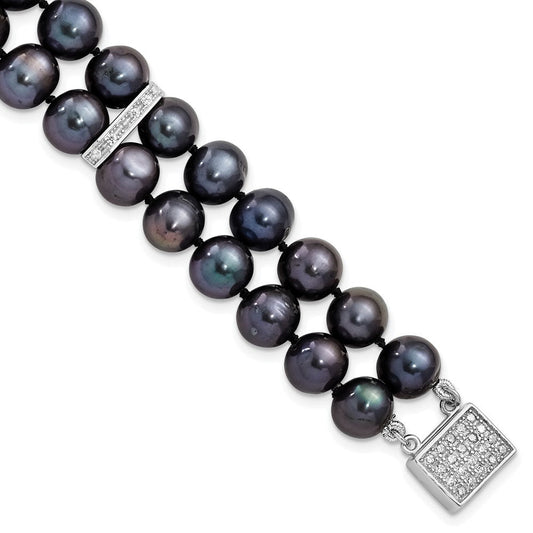 Sterling Silver Rhodium-plated 7-8mm Black Near-Round Freshwater Cultured Pearl and CZ 2-strand 7.5 inch Bracelet QH5420-7.5