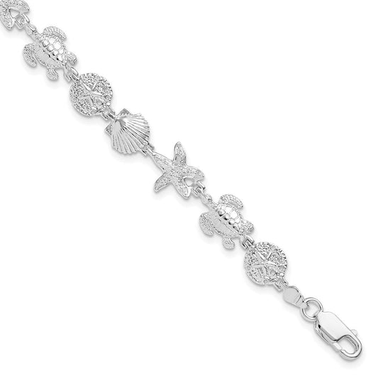 De-Ani Sterling Silver Rhodium-plated Polished and Textured Sea Life 7.25 inch Bracelet QH5575-7.25
