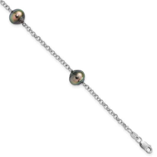 Sterling Silver Rhodium-plated 8-9mm Black Baroque Tahitian Saltwater Cultured Pearl 3-Station 7.5 inch Bracelet QH5622-7.5