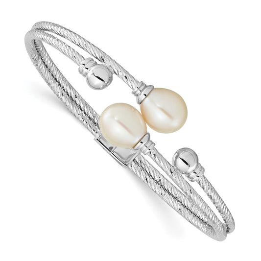 Sterling Silver Rhodium-plated White 8x10mm Teardrop Freshwater Cultured Pearl Hinged Bangle QH5644