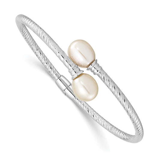 Sterling Silver Rhodium-plated 8-9mm White Rice Freshwater Cultured Pearl Hinged Bangle QH5645
