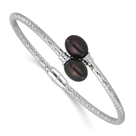 Sterling Silver Rhodium-plated 8-9mm Black Rice Freshwater Cultured Pearl Hinged Bangle QH5645B