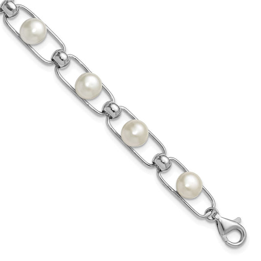 Sterling Silver Rhodium-plated 6-7mm Button White Freshwater Cultured Pearl 6.5 inch with 1 inch Extender Bracelet QH5843-6.5