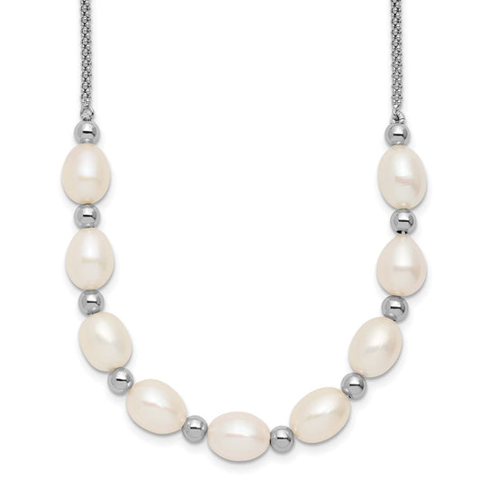 Sterling Silver Rhodium-plated Polished and Beaded 7-8mm Freshwater Cultured Rice Pearl 16 Inch with 2 Inch Extension Necklace QH5849-16