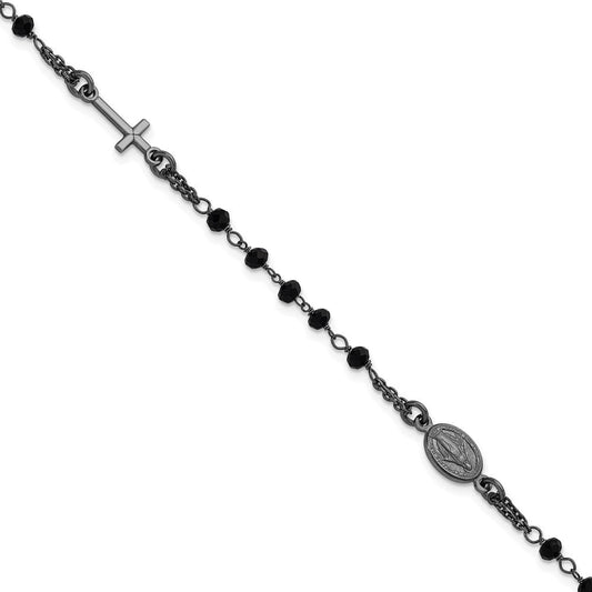 Sterling Silver Black Rhodium-plated Crystal 7 inch with 0.75 inch extender Rosary Themed Bracelet QH5883-7
