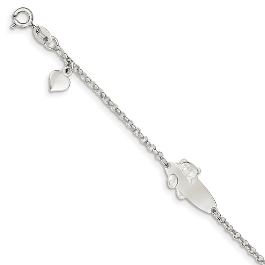 Sterling Silver Polished Childrens Teddy Bear 5in Plus 1in Ext ID Bracelet QID174