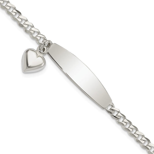 Sterling Silver Polished Curb Link ID Heart Dangle Bracelet QID211-7.5