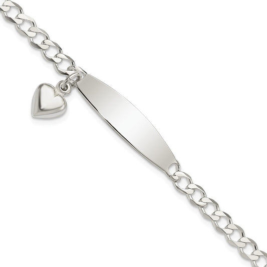 Sterling Silver Polished Curb Link ID Heart Dangle Bracelet QID212-7.5
