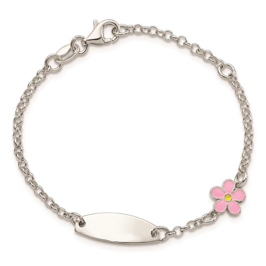 Sterling Silver Childrens Enameled Flower 5.5in Plus 1IN EXT ID Bracelet QID238-5