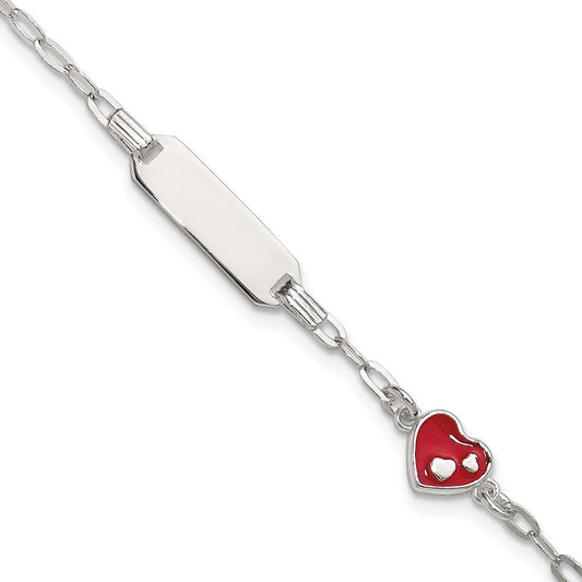 Sterling Silver Polished Red and White Enameled Heart 5 inch with 1 inch extension Childrens ID Bracelet QID268-5