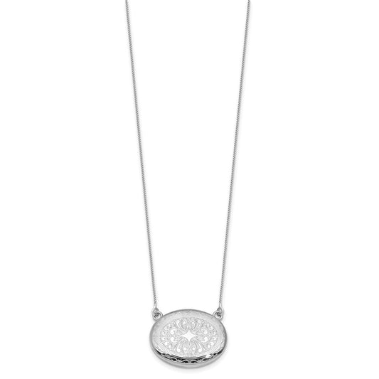 Sterling Silver Rhodium-plated Polished Front/Brushed Back 18.75 inch with 2 inch extension 20mm Oval Filigree Locket Necklace QLS1233