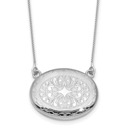 Sterling Silver Rhodium-plated Polished Front/Brushed Back 18.75 inch with 2 inch extension 20mm Oval Filigree Locket Necklace QLS1233