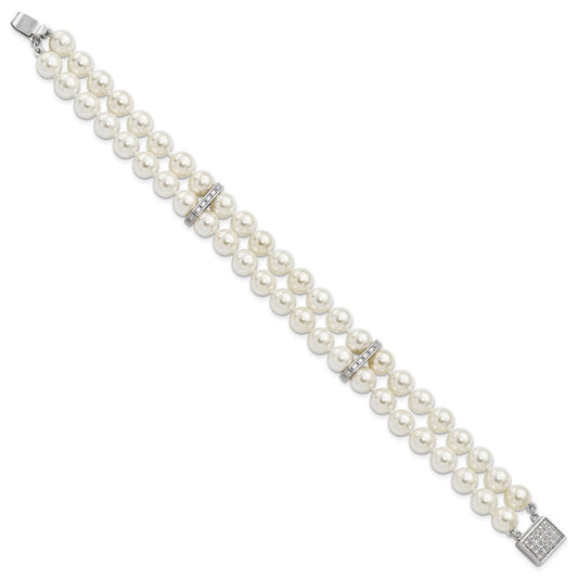Majestik Sterling Silver Rhodium-plated 7-8mm White Imitation Shell Pearl and CZ Hand-knotted Bracelet QMJB270W-7.5