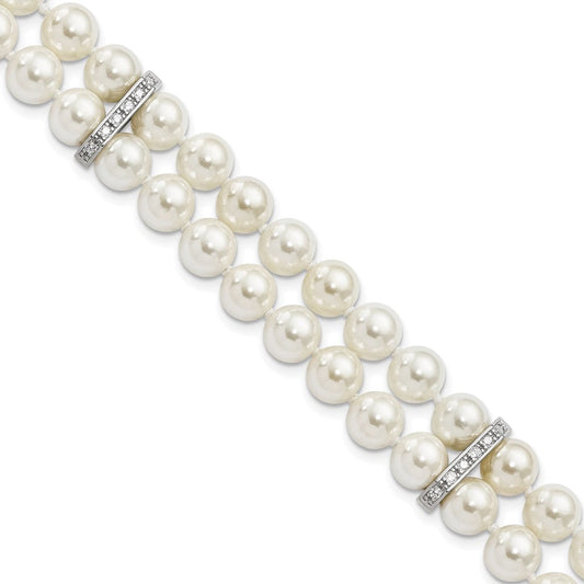 Majestik Sterling Silver Rhodium-plated 7-8mm White Imitation Shell Pearl and CZ Hand-knotted Bracelet QMJB270W-7.5