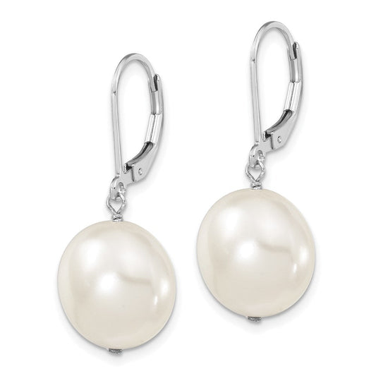 QMJEC14W Majestik Sterling Silver Rhodium-plated 14-15mm Coin White Imitation Shell Pearl Leverback Dangle Earrings