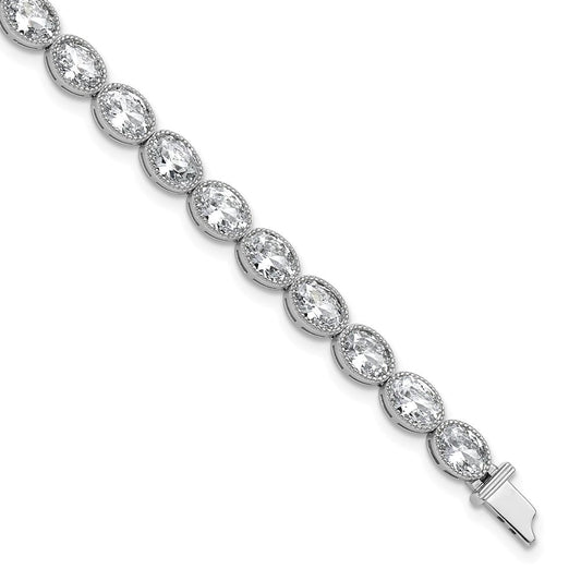 Sterling Shimmer Sterling Silver Rhodium-plated 6mm x 4mm CZ 25 Stone Oval Link 6.75 inch Bracelet QSH155-6.75