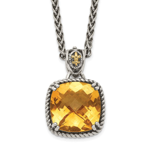 Shey Couture Sterling Silver with 14K Accent 18 Inch Antiqued Checkerboard Cushion Citrine Necklace QTC1448