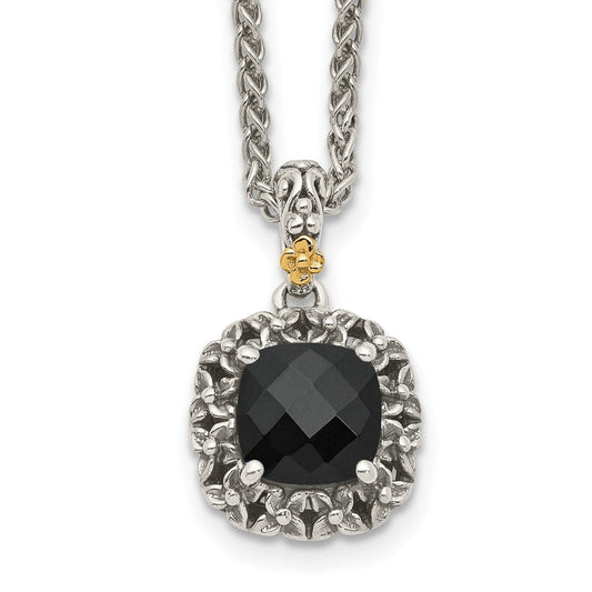 Shey Couture Sterling Silver with 14K Accent 18 Inch Antiqued Checkerboard-cut Black Onyx Necklace QTC1546