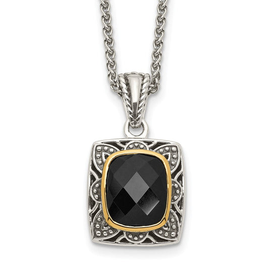 Shey Couture Sterling Silver with 14K Accent 18 Inch Antiqued Checkerboard-cut Black Onyx Necklace QTC1549