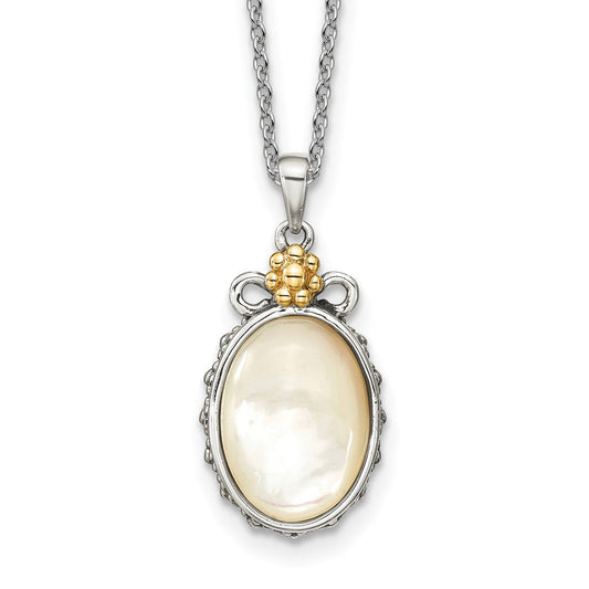 Shey Couture Sterling Silver with 14K Accent 18 Inch Floral Oval Mother Of Pearl Necklace QTC1745