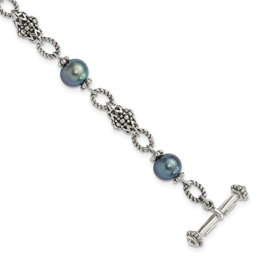 Shey Couture Sterling Silver Antiqued 8-8.5mm Freshwater Cultured Black Pearl 8 inch Toggle Bracelet QTC1782