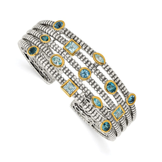 Shey Couture Sterling Silver Gold-tone Flash Gold-plated Antiqued Bezel Sky Blue Swiss and London Blue Topaz Cuff Bracelet QTC47
