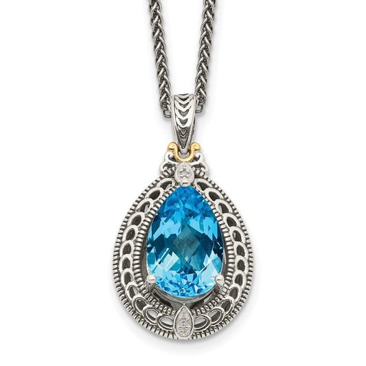 Shey Couture Sterling Silver with 14K Accent 18 Inch Antiqued Diamond and Pear Shaped Blue Topaz Necklace QTC756