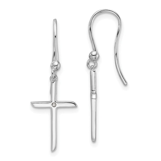 QW572 White Ice Sterling Silver Rhodium-plated Diamond Cross Shepherds Hook Dangle Earrings