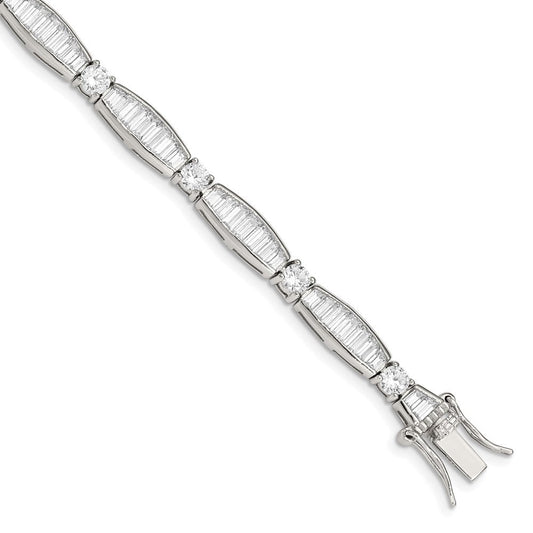 Sterling Silver Rhodium-plated Baguette and Round CZ Bracelet QX400CZ