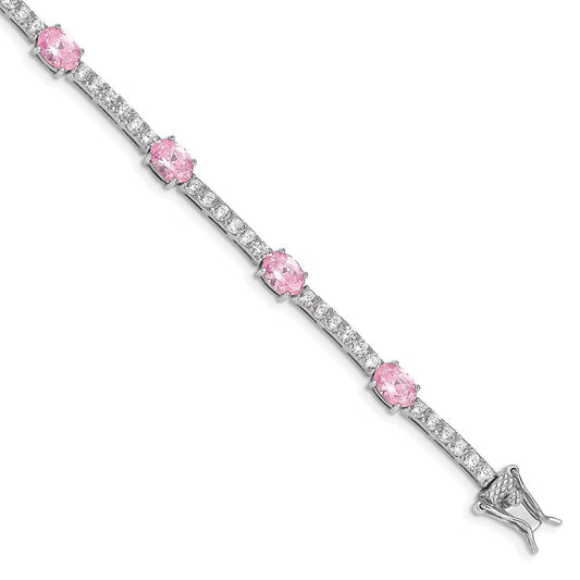 Sterling Silver Rhodium-plated 7inch Pink and Clear CZ Bracelet QX422CZ