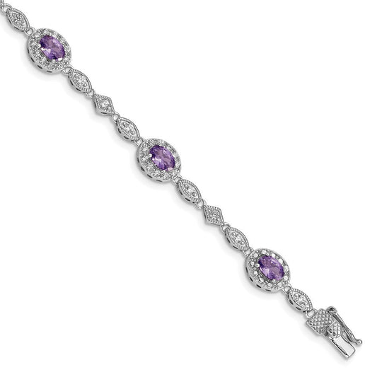 Sterling Silver Rhodium-plated Purple and Clear CZ Bracelet QX433CZ