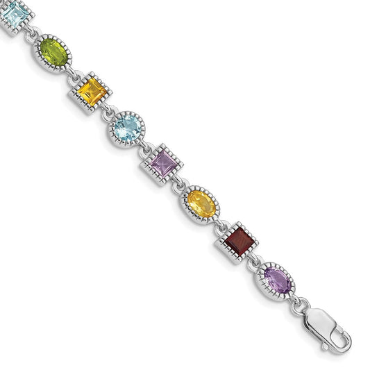 Sterling Silver 7inch Rhod Plated Rainbow Multi-gemstone Bracelet QX476RB