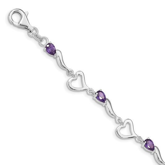 Sterling Silver Rhodium-plated Amethyst Polished Fancy Heart Bracelet QX809AM