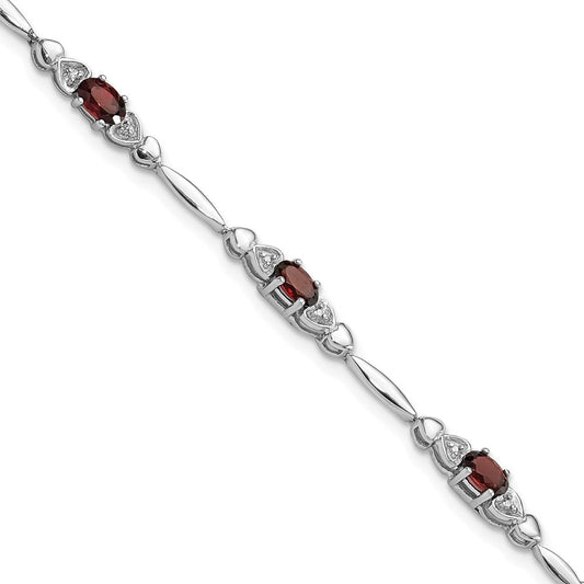 Sterling Silver Rhodium-plated Garnet and Diamond Heart 7.5in Bracelet QX995GA