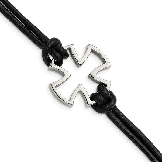 Chisel Stainless Steel Antiqued and Polished Cross Black Leather 8.25 inch Bracelet SRB1264-8.25