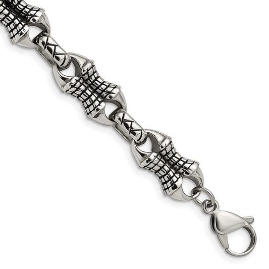 Chisel Stainless Steel Antiqued and Polished 8.75 inch Patterned Link Bracelet SRB1271-8.75