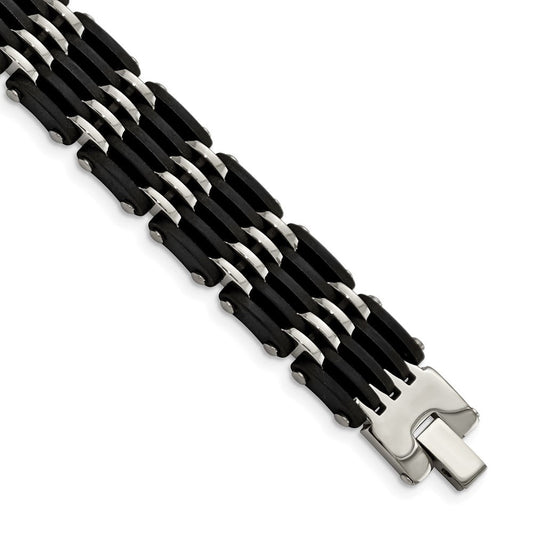 Chisel Stainless Steel Polished with Black Rubber 8.25 inch Link Bracelet SRB1372-8.25