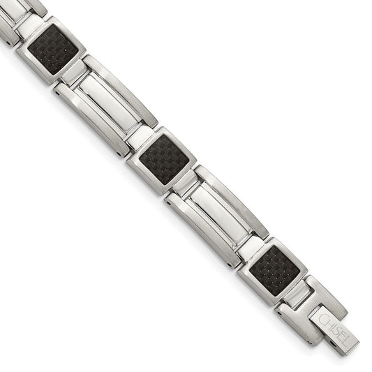 Chisel Stainless Steel Polished with Black Carbon Fiber Inlay 8.75 inch Link Bracelet SRB140-8.75