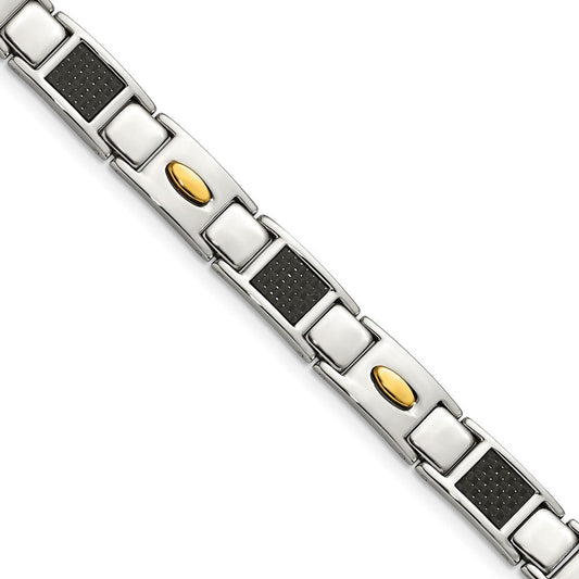 Chisel Stainless Steel Polished Yellow IP-plated with Black Carbon Fiber Inlay 8.5 inch Link Bracelet SRB142-9.5