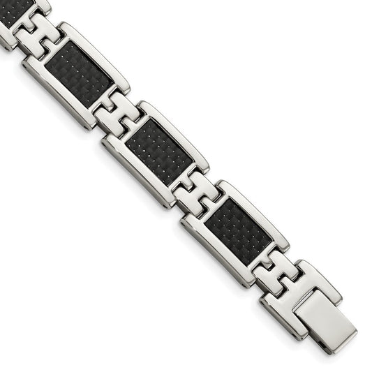 Chisel Stainless Steel Polished with Black Carbon Fiber Inlay 9 inch Link Bracelet SRB146-9.25