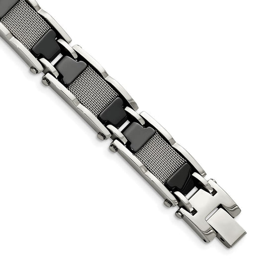 Chisel Stainless Steel Polished Mesh with Black Ceramic 8.25 inch Link Bracelet SRB1523-8.25