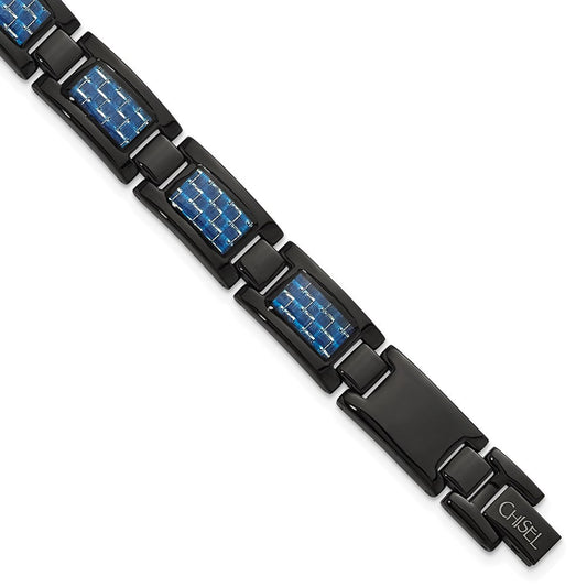 Chisel Stainless Steel Polished Black IP-plated with Blue Carbon Fiber Inlay 8.25 inch Link Bracelet SRB1643-8.25