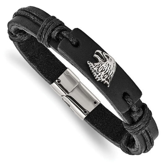 Chisel Stainless Steel Antiqued and Polished Eagle Head Black Leather 8.5 inch Bracelet SRB1658-8.5