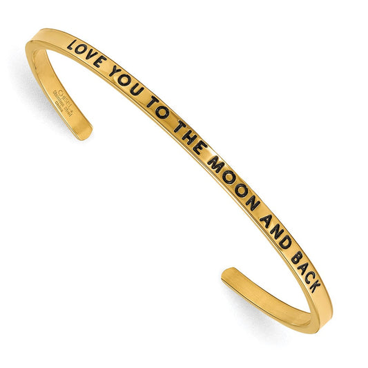 Chisel Stainless Steel Polished and Enameled Yellow IP-plated with Crystal LOVE YOU TO THE MOON AND BACK 3mm Cuff Bangle SRB1896